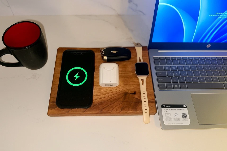 Estación de carga de madera inalámbrica personalizada con borde vivo. iPhone, AirPods Foto 2 de 4