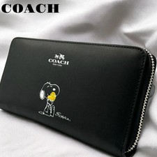 COACH x PEANUTS Long Wallet Snoopy Woodstock Leather Zip Black New F/S