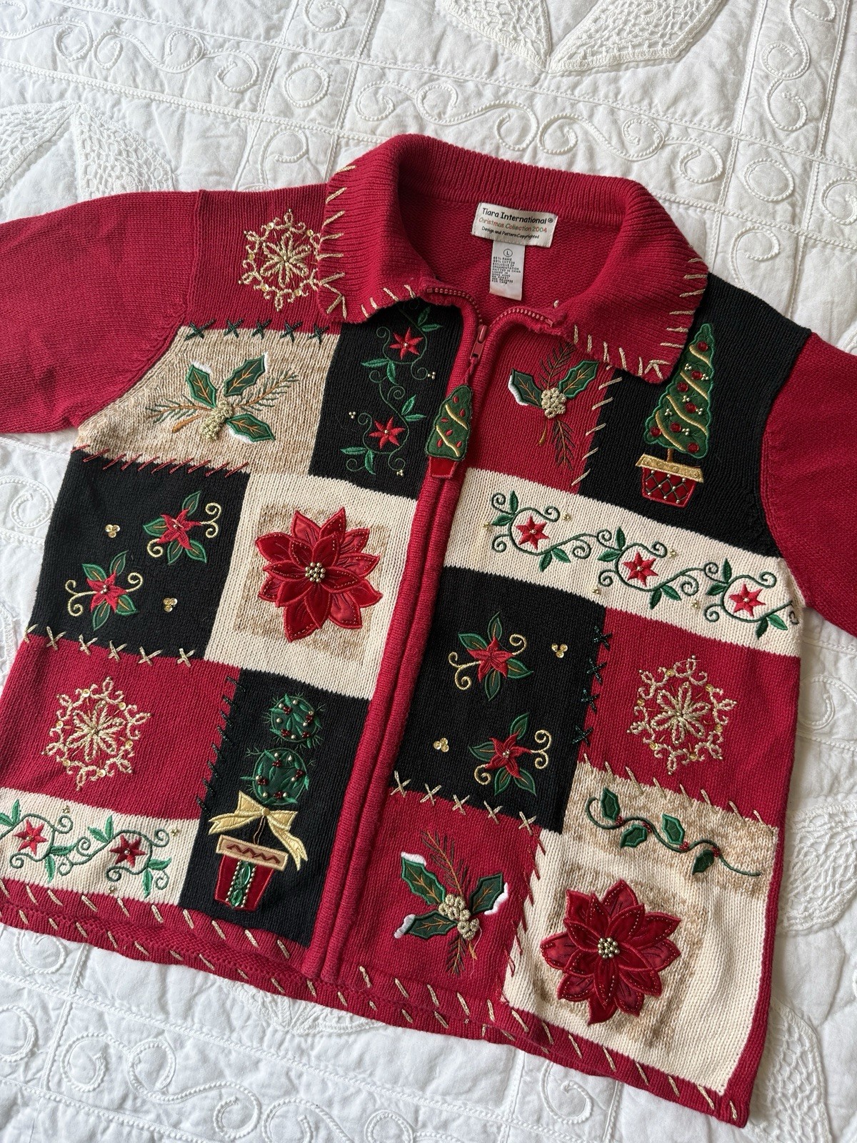 Tiara International Christmas Cardigan Women’s Large Embroidered Holiday Tree