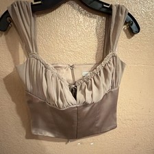 House of CB Beige Satin Ruched Corset Top Zip Back Women's Size S