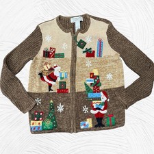 Vintage Tiara International Cardigan Medium Brown Embroidered Christmas Beaded