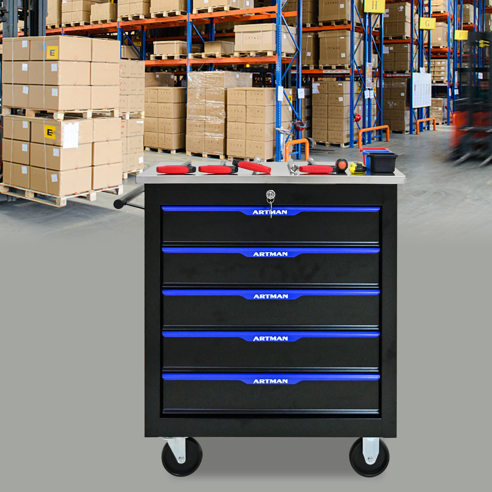 5 Drawer Tool Cart with Wheels Rolling Storage Organizer Black Blue Mobile