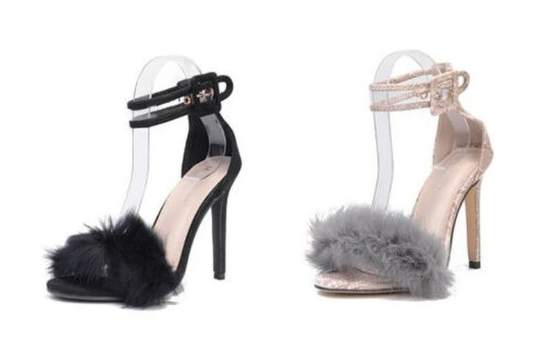 Lady s Serpentine Furry Peep Toe Buckle Ankle Strap Sandals High