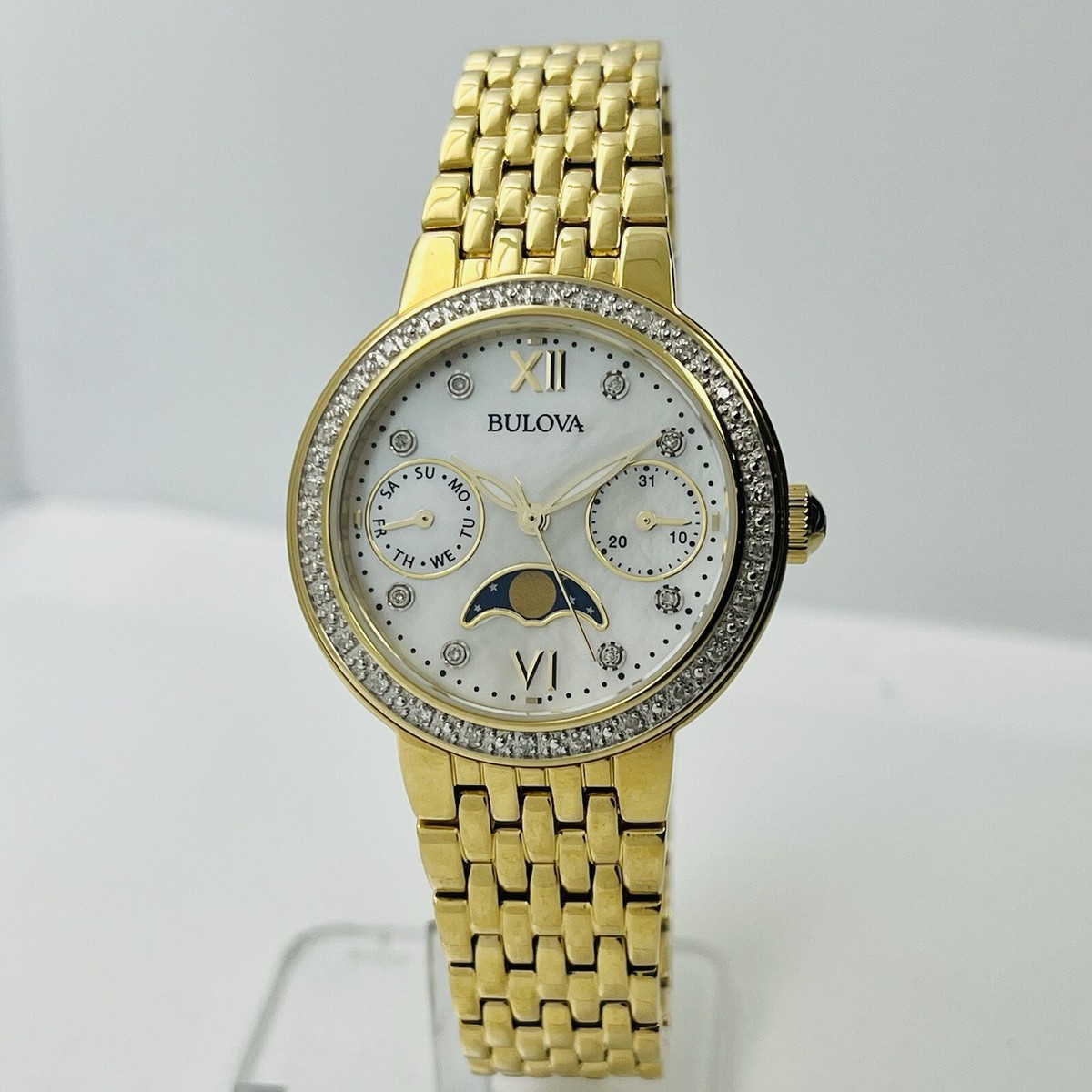 BULOVA レディース腕時計　【ジャンク】 Bulova Diamond Women's Gold Steel Black Dial 31mm Moon Phase Watch