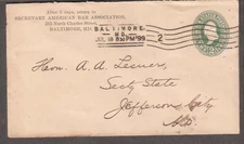 1899 cover American Bar MD to Secty State Alexander A Lesueur Jefferson City MO