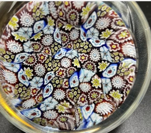 Murano Millefiori Art Glass Paperweight Blue & Brown Floral Concentric Design - Picture 8 of 9