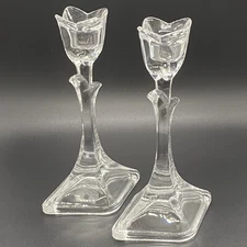 Toscany Tulip Candlesticks 24% Lead Crystal Candle Holders Clear Flower Vintage
