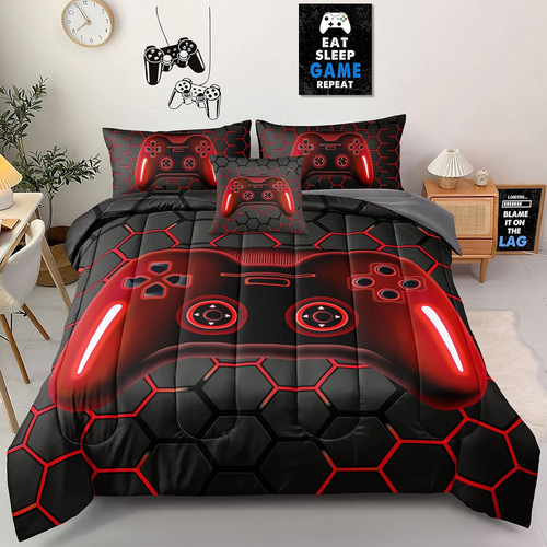 6 Pieces Gaming Bedding Set Full Size for Boys Gamer Comforter Set for Boys Girl