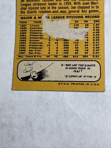 1968 Topps #32 Joe Gibbon San Francisco Giants Baseball card Vtg Pitcher - Picture 10 of 10