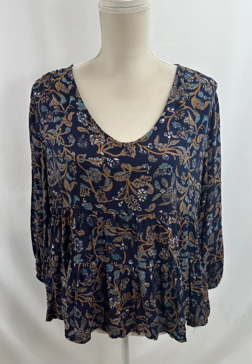 Lucky Brand Tops Relaxed V Neck Blouse Women's Large Puff Sleeve Ruffled