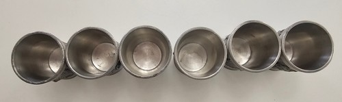 6 Vintage German Rein Zinn Pewter Cup Carved Shot Glasses Celebration Themed Art - Picture 2 of 7