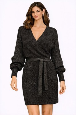 Gianni Bini $149 Alston Metallic Tie Waist Sweater Dress Black  Size S NEW
