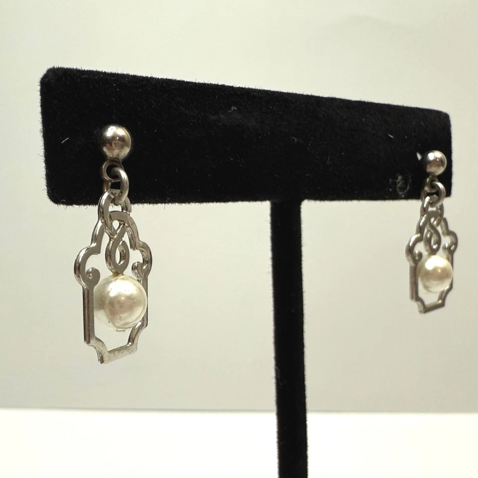 Faux Pearl Drop Earrings Dangle Silver Tone Elegant Minimalist Fashion Jewelry - Image 3 of 4