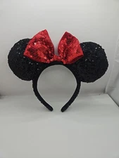 Authentic Disney Parks Minnie Mouse Headband Red & Black Sequined Ears & Bow