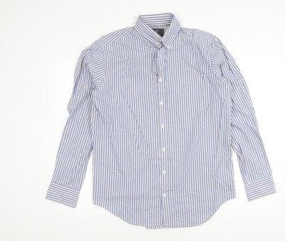 Marks and Spencer Herren Blau Gestreift Baumwolle Knopfleiste Hemd 15,5 Regular Fit