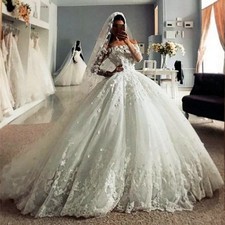 Long Sleeves Wedding Dresses Lace Applique Off The Shoulder Tulle Bride Gown