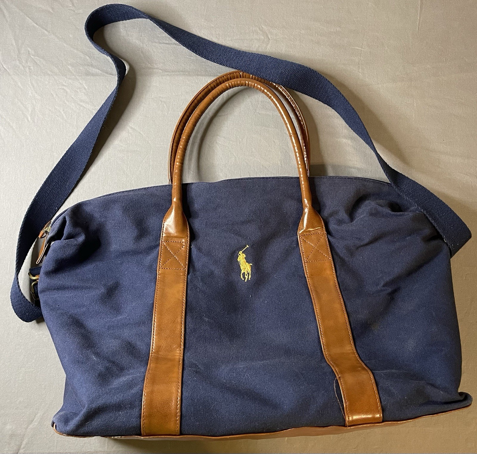 Polo Ralph Lauren Navy Canvas Duffel Bag Leather Trim Pony Logo Large