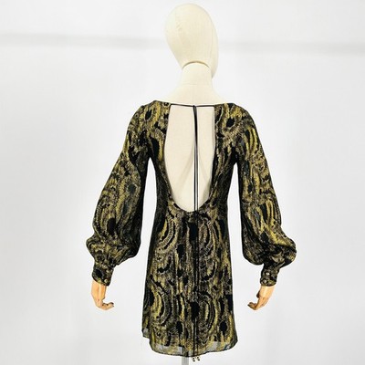 Vintage Y2K Milly Of New York Black Gold Metallic Bishop Sleeve Mini Dress  | eBay