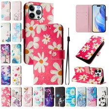For iPhone 17 Pro Max Air 16 15 Pattern Flip Card Wallet Magnetic Case+Strap