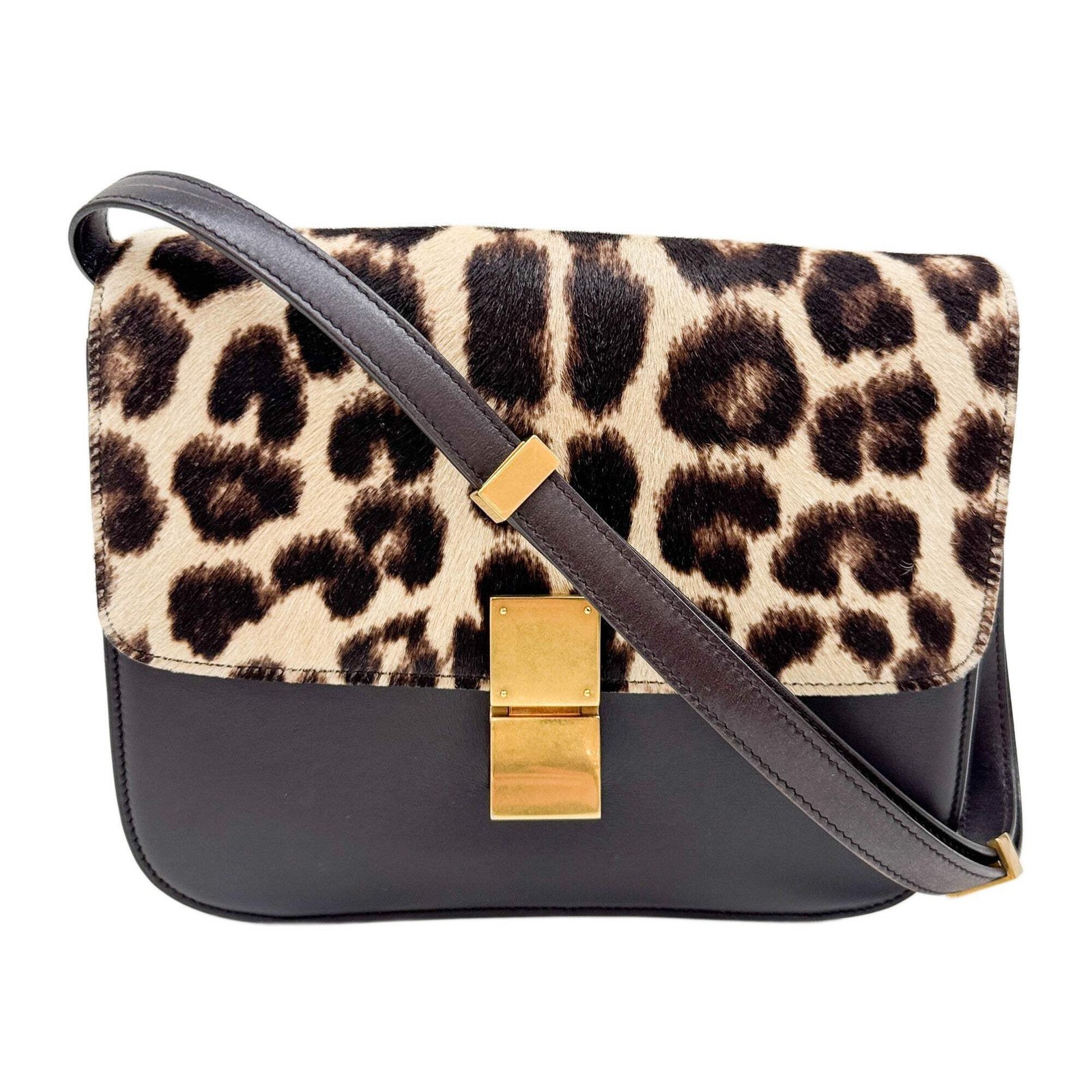 CELINE Classic Box Brown Leopard Print Pony Hair & Black Leather Shoulder Bag