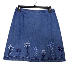 Vintage 90s Route 66 Denim Mini Skirt Sz 9/10 Blue Embroider Flowers Blossom
