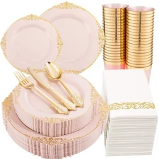 Morejoy 175pcs Pink Gold Plastic Plates-Pink Disposable Plates include: 25 Di...