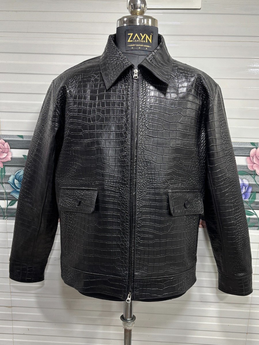 Men's Black Real Leather Crocodile Embossed Jacket Biker Alligator Print  Jacket