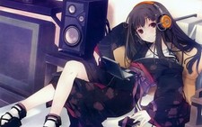 Anime girls headphones technology dark hair legs tv Playmat Game Mat Desk