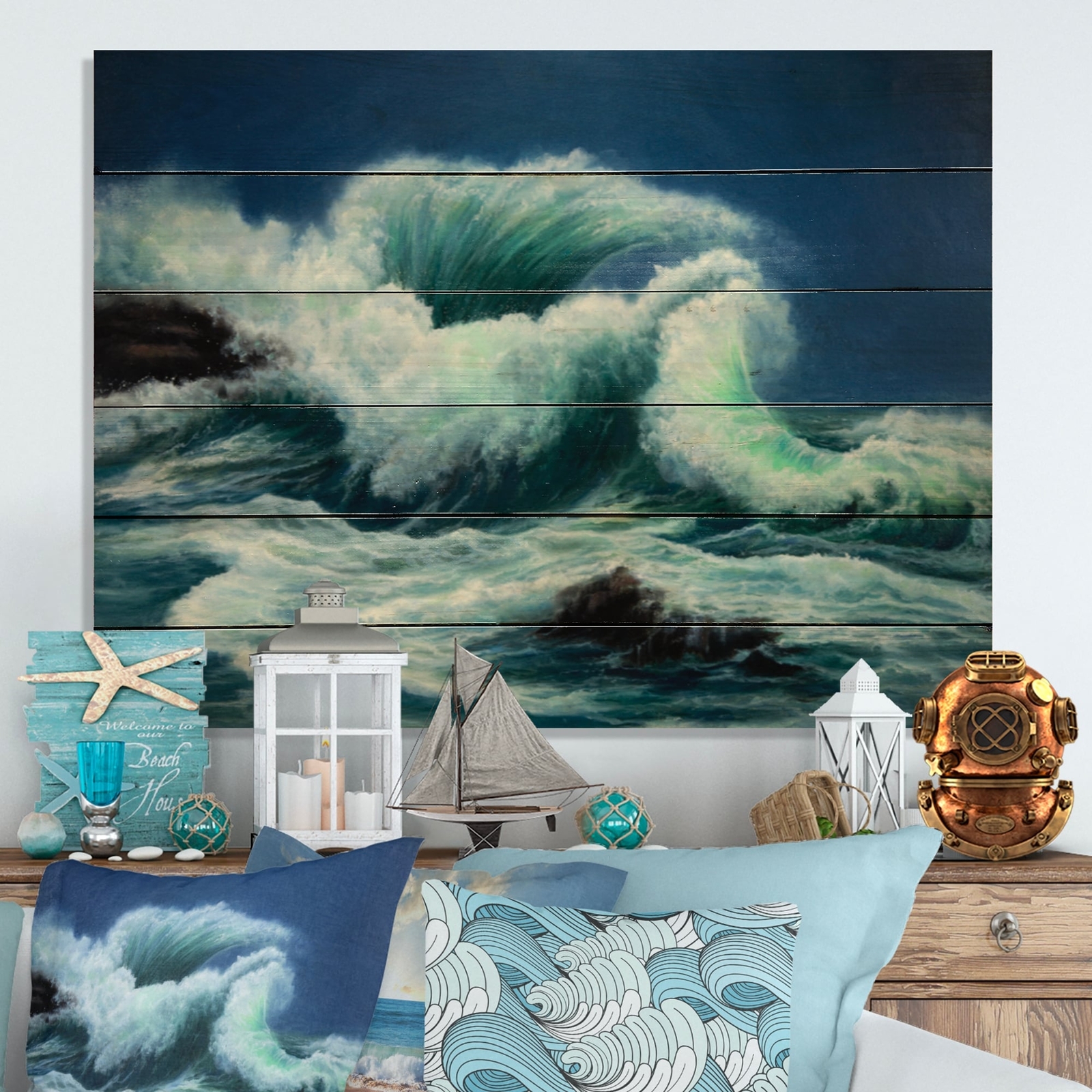 Designart 'Wild Blue Ocean Waves VIII' Nautical & Coastal Wood Wall Art Panels