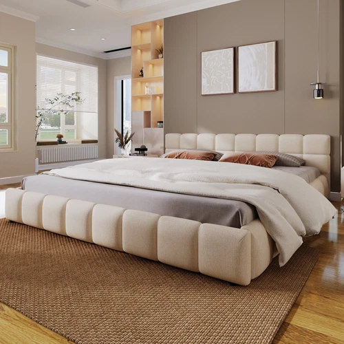 Beige Chenille Upholstered Bed Frame King/Queen Size, Checkerboard Headboard