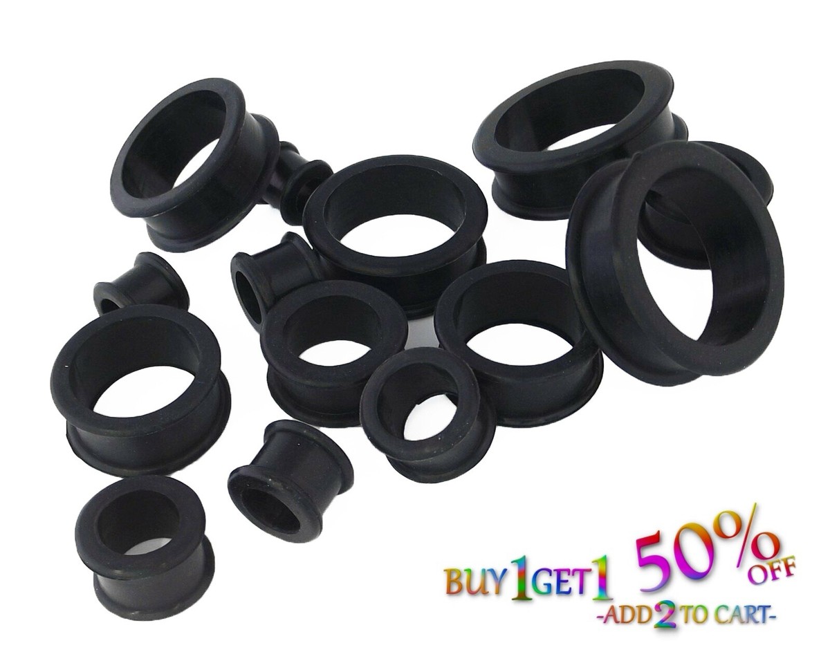 Pair 12g-50mm BLACK SILICONE FLAT FLARE TUNNELS Double Gauges Thin