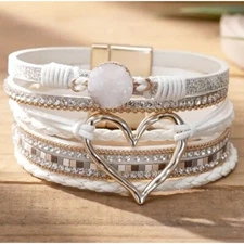 Boho White Love Shape Warp Bracelet Inlaid Rhinestone Leather Bracelet Magnetic