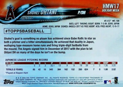 2018 TOPPS HOLIDAY MEGA SNOWFLAKE #HMW17 SHOHEI OHTANI ROOKIE CARD