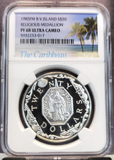 1985 B V ISLANDS SILVER 20 DOLLARS RELIGIOUS MEDALLION NGC PF 68 ULTRA CAMEO