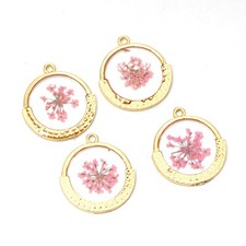 C 10PCS Gold Tone Real Dried Queen Anne's Flower Round Charm Pendant GYX103