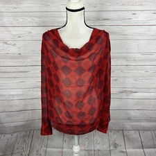 CAbi #3125 Diamond Top Blouse Size Small Red Long Sleeve Sheer Cutout Back