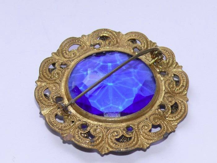 Antique Art Nouveau Blue Faceted Glass Brass Fili… - image 5