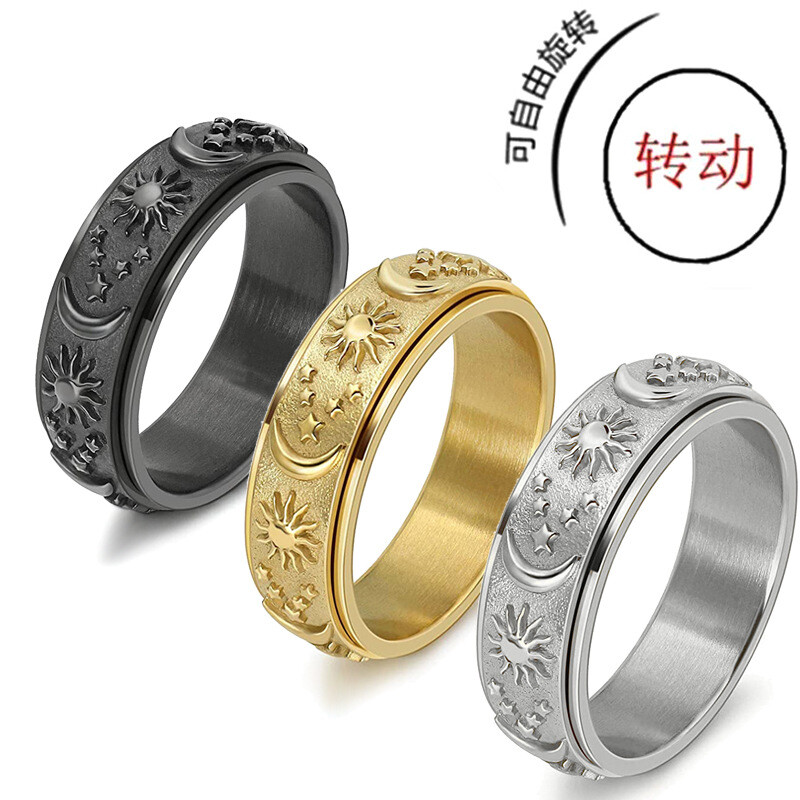 Stars Rotatable Titanium steel Moon Hand Ring Jewelry Sun