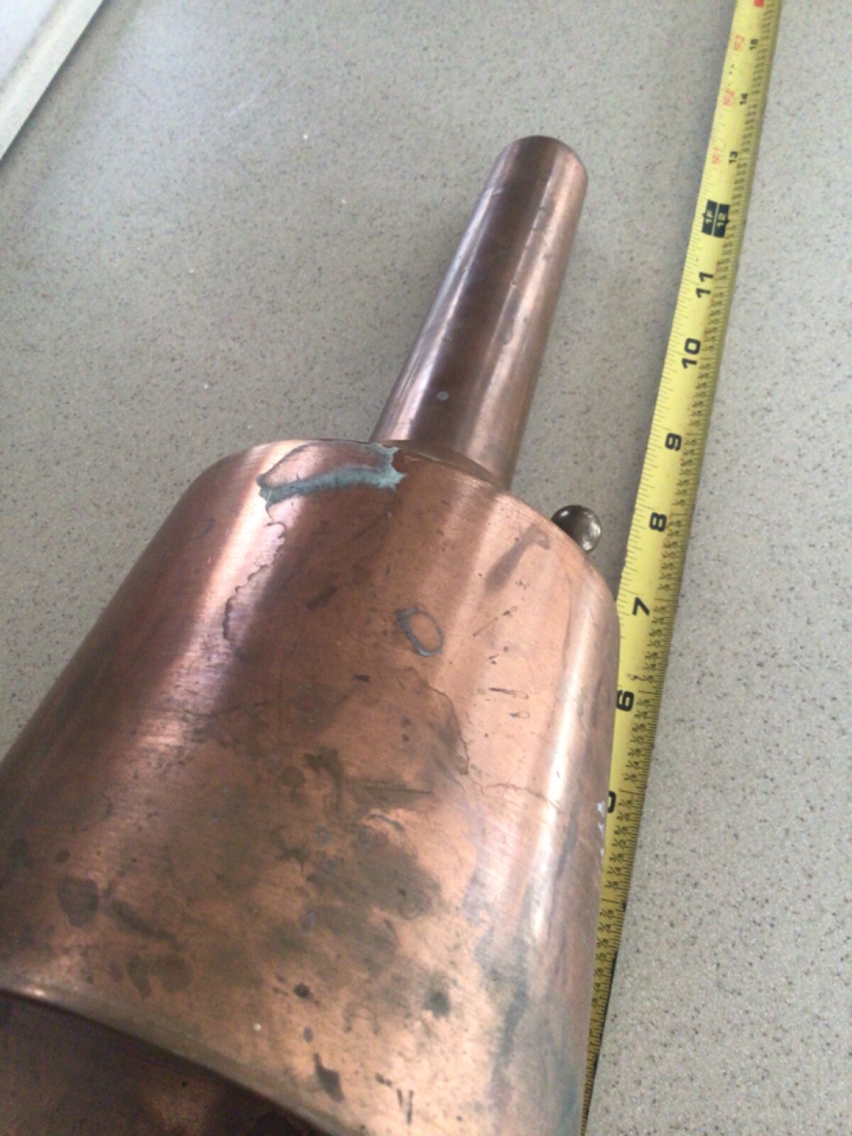 Antique Large Copper Feed Scoop 12" Copper "button" to release feed.