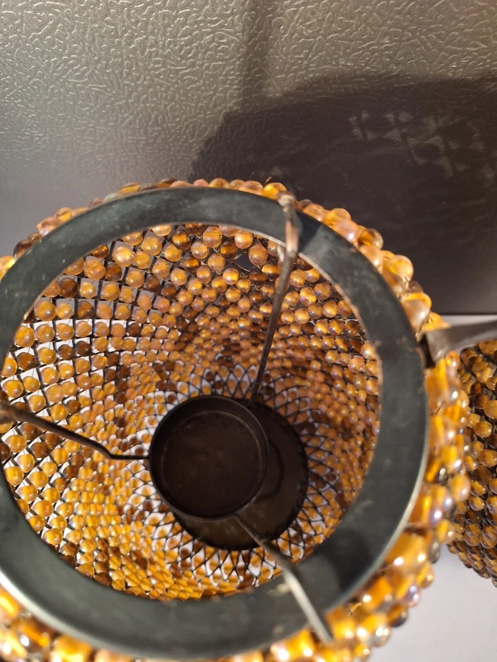 Metal Beaded Candle Lantern Pair Gold Bronze Beads 11" T 6" Handle Boho READ - Image 3 of 4