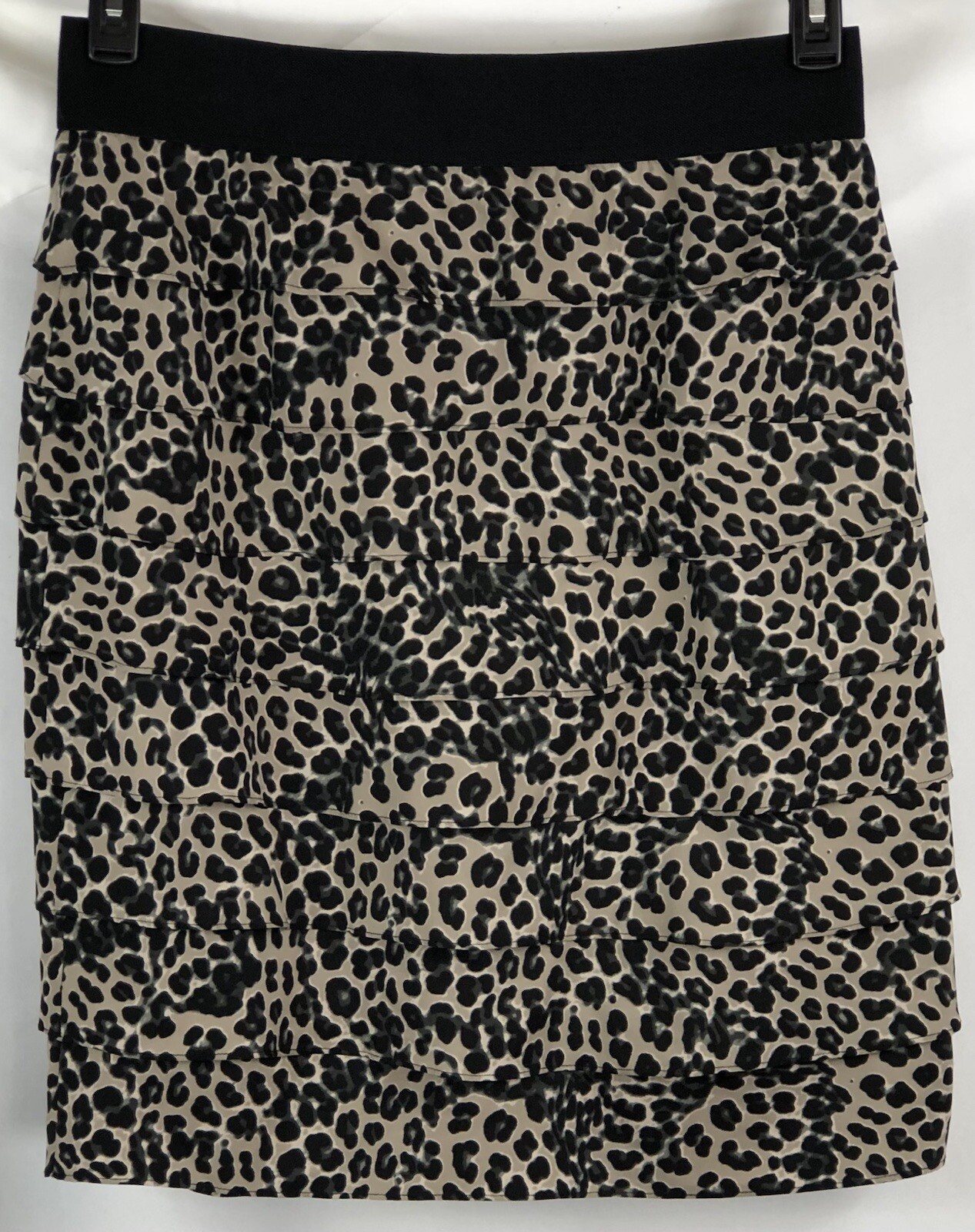 Alfani straight skirt 14 Leopard layered ruffles elastic panel 32”W Knee Length