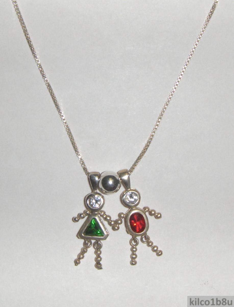 Sterling Silver Cubic Zirconia Birthstone Kid Necklace w/2 Kids