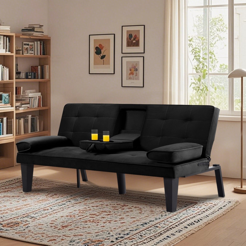 Velvet Futon Sofa Bed 65" Convertible Couch Sofa w/ Cup Holders & Wood Legs