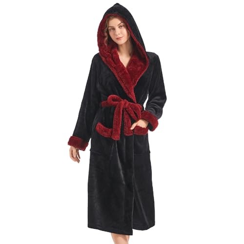 Women Hooded Plush Robe, Fleece Cozy Warm Bathrobe Small-Medium Black+burgundy - Afbeelding 3 van 7