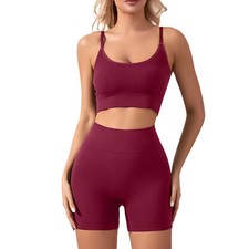 Women Size XL Burgundy Workout Sets Seamless High Waist Shorts and Tank --M7--