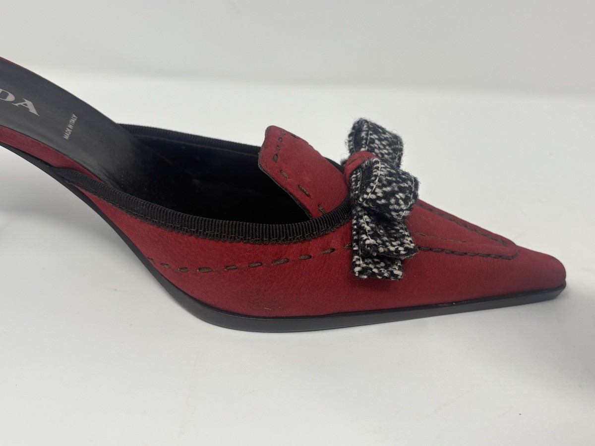 Prada Red Suede Mule Heels Size 37 Pointed Toe Kitten Heel Slides