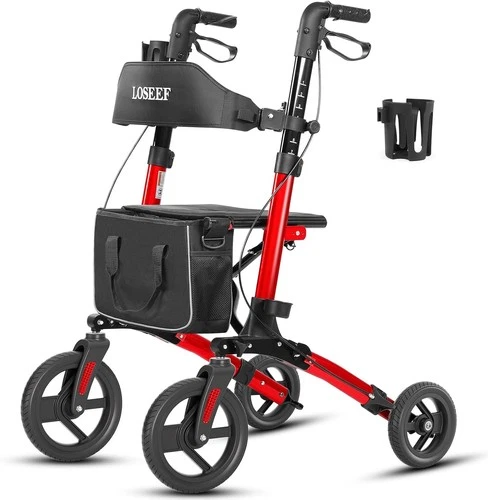 Sturdy 4-wheel rollator with 10in rubber wheels, seat and cup holder, 350 lb