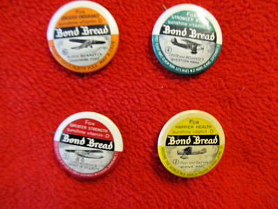 VINTAGE 4 DIFFERENT 1930'S BOND BREAD FAMOUS ARIATORS PINBACK'S