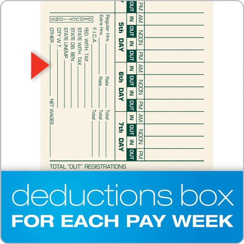 Time Cards, Bi-Weekly, 2-Sided, Numbered Days, 3-1/2" x 9", Manila, Green/Red... - Picture 5 of 6