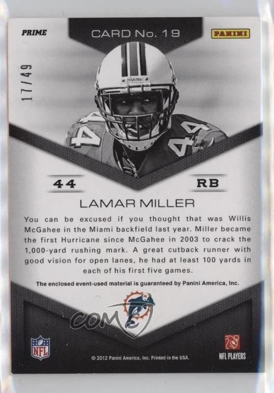 2012 Momentum Head of the Class Materials Prime /49 Lamar Miller #19 Rookie RC - Image 2 of 2